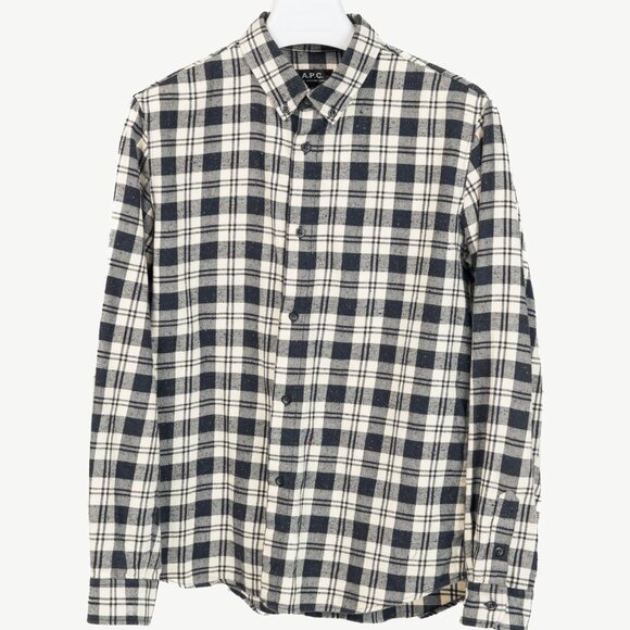 A.P.C. Navy & White Plaid-Flannel Buttoned Shirt - Picture 1 of 10